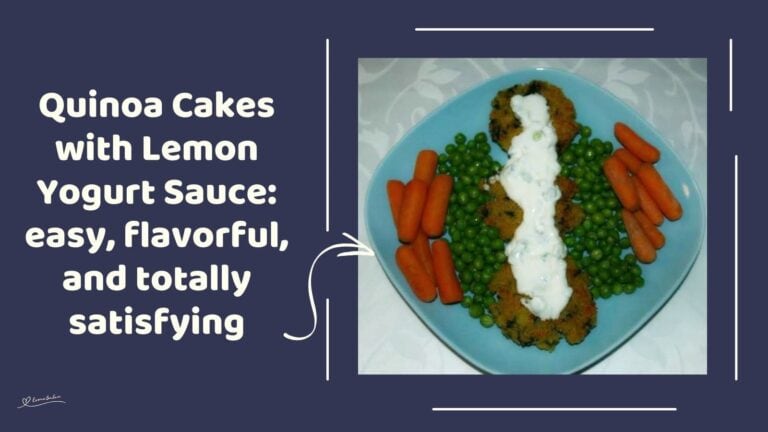an image of Quinoa Cakes with Lemon Yogurt Sauce with veggies on a blue plate