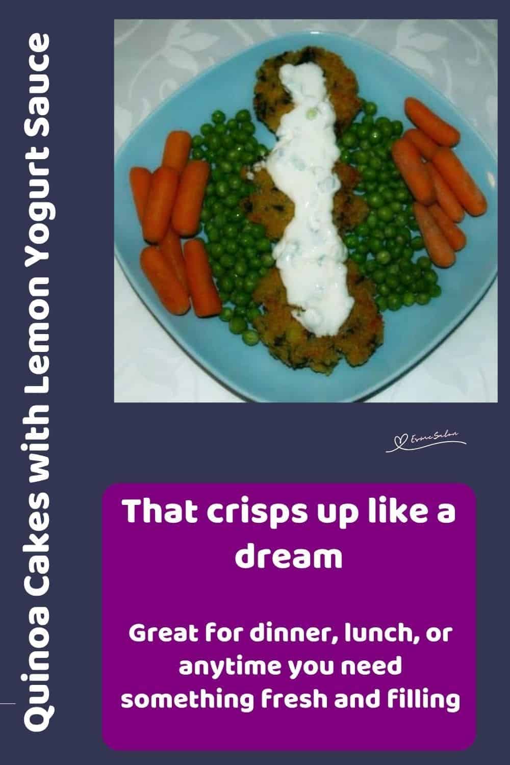 an image of Quinoa Cakes with Lemon Yogurt Sauce with veggies on a blue plate