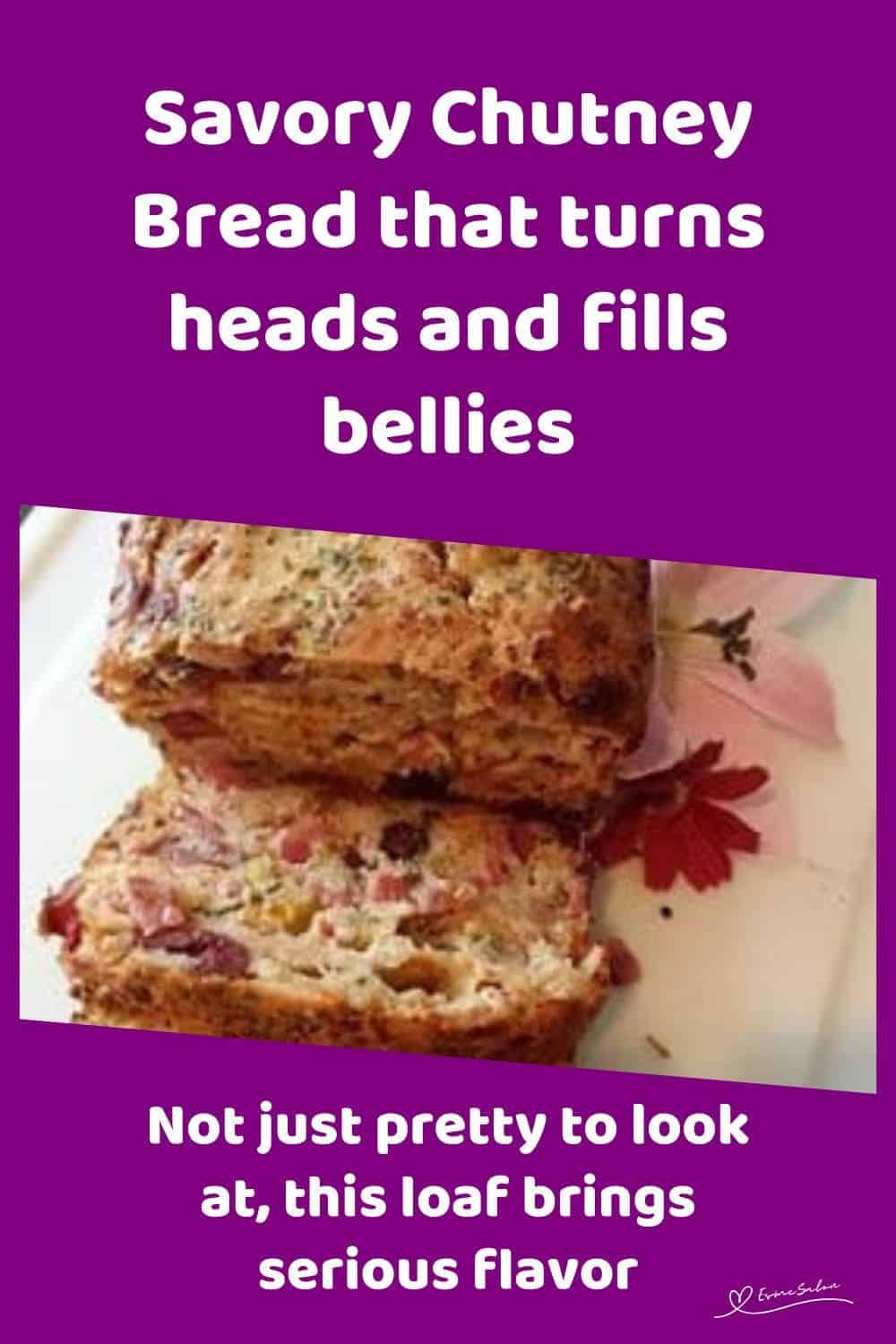 an image of a Savory Chutney Bread (with Mrs. Ball’s) sliced and served on a white platter