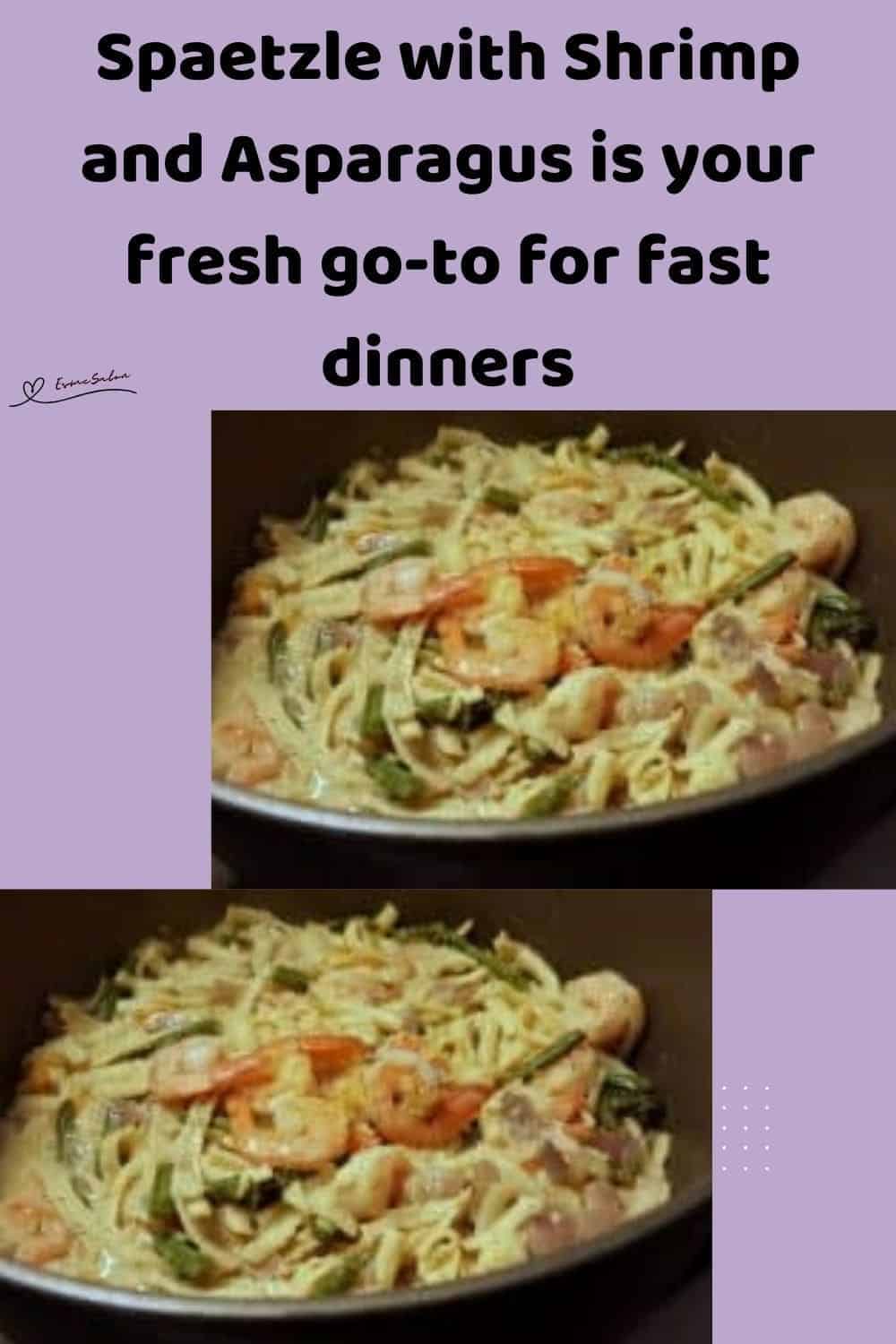 an image of a black serving dish with Spaetzle with Shrimp and Asparagus