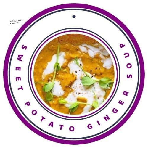 an image of a bowl of Sweet Potato Ginger Soup and topped with cream