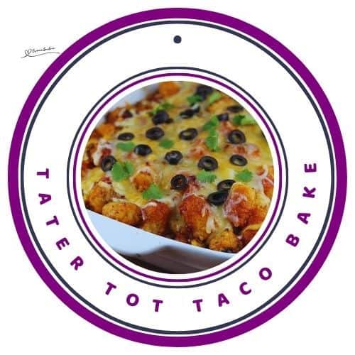 an image of a dish of Tater Tot Taco Bake topped with pitted black olives