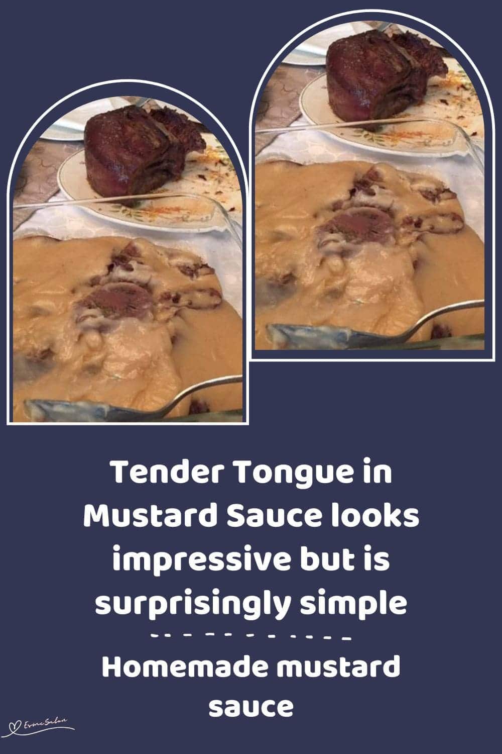 an image of Tender Tongue in Mustard Sauce plated as well as a piece of tongue still to be served