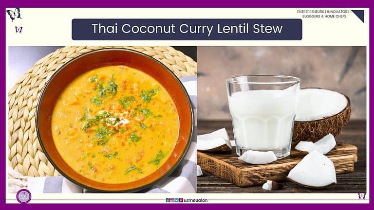 an image of a round brown soup bowl filled with Thai Coconut Curry Lentil Stew garnished with cilantro