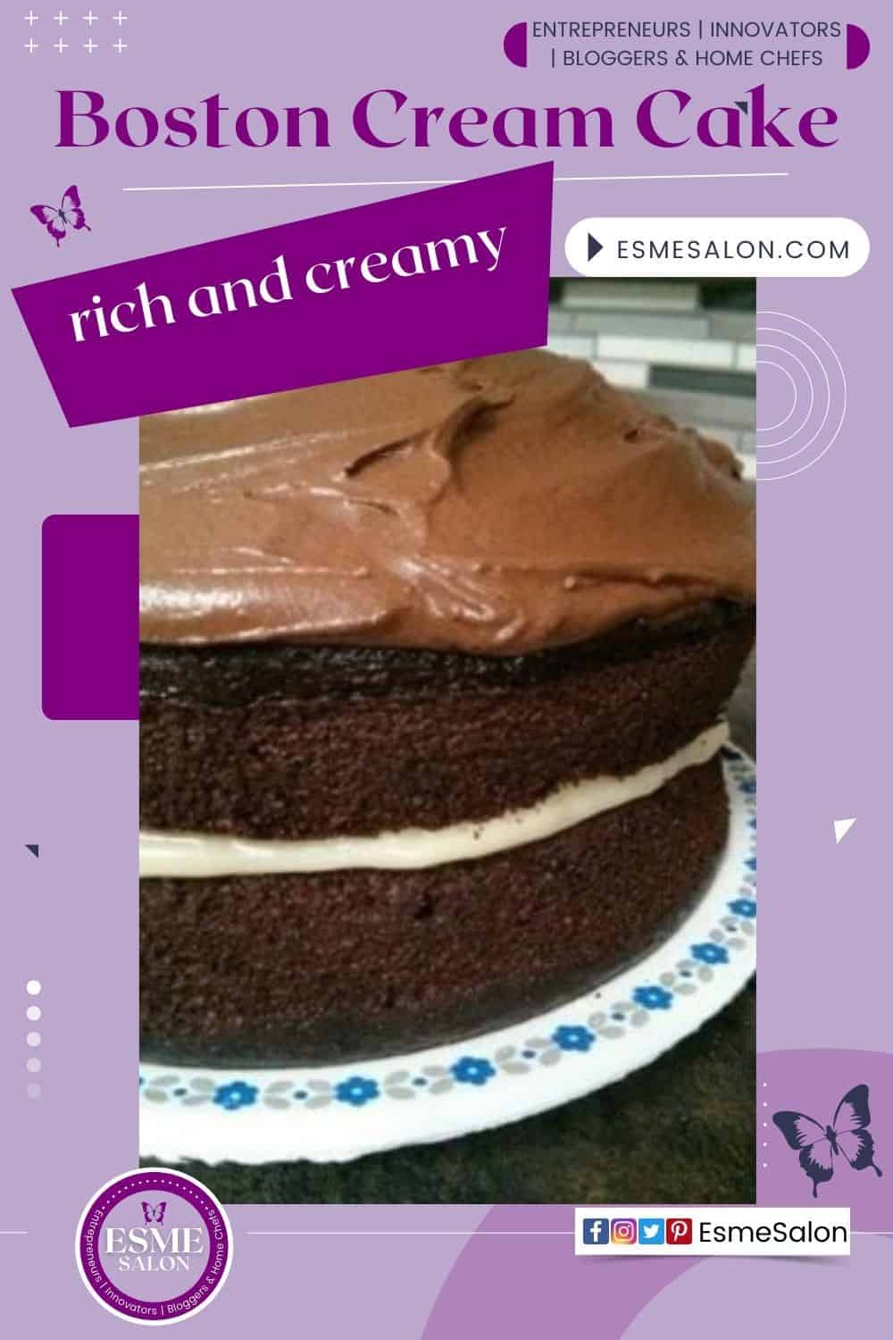 A double layered chocolate cake with white frosting in the middle and chocolate topping