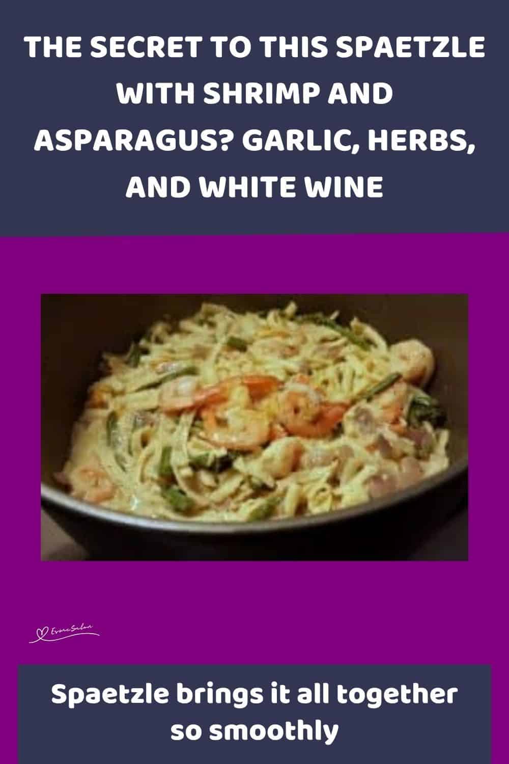 an image of a black serving dish with Spaetzle with Shrimp and Asparagus