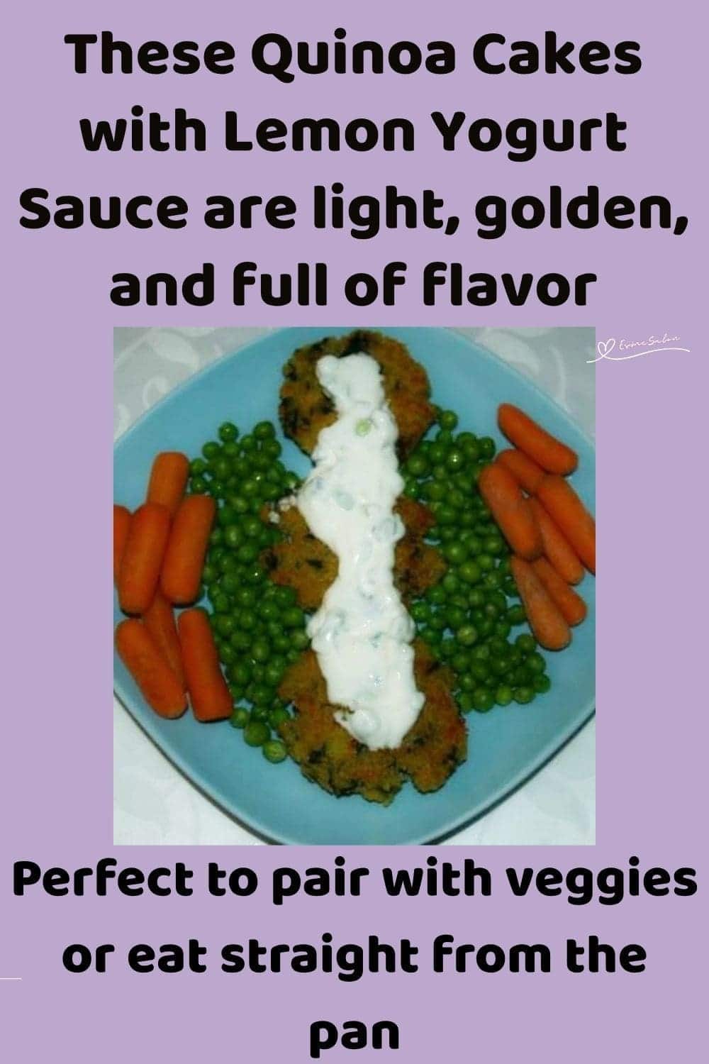 an image of Quinoa Cakes with Lemon Yogurt Sauce with veggies on a blue plate