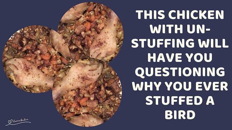 an image of Chicken with un-stuffing (chicken pieces and stuffing on the side)