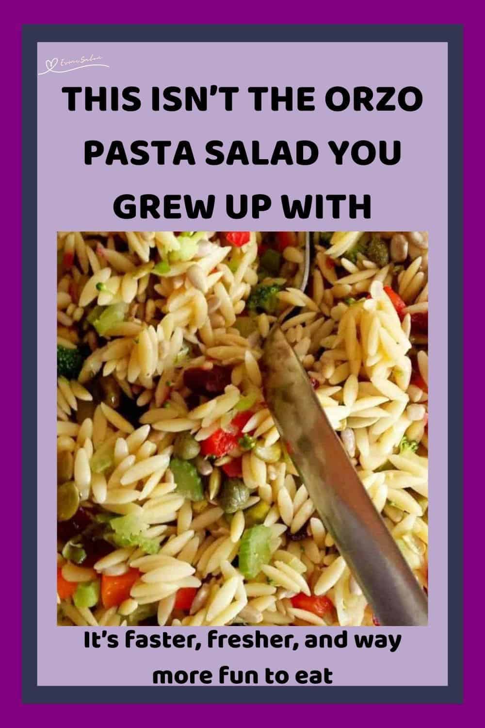 an image of a bowl of Orzo Pasta Salad with a wooden salad spoon