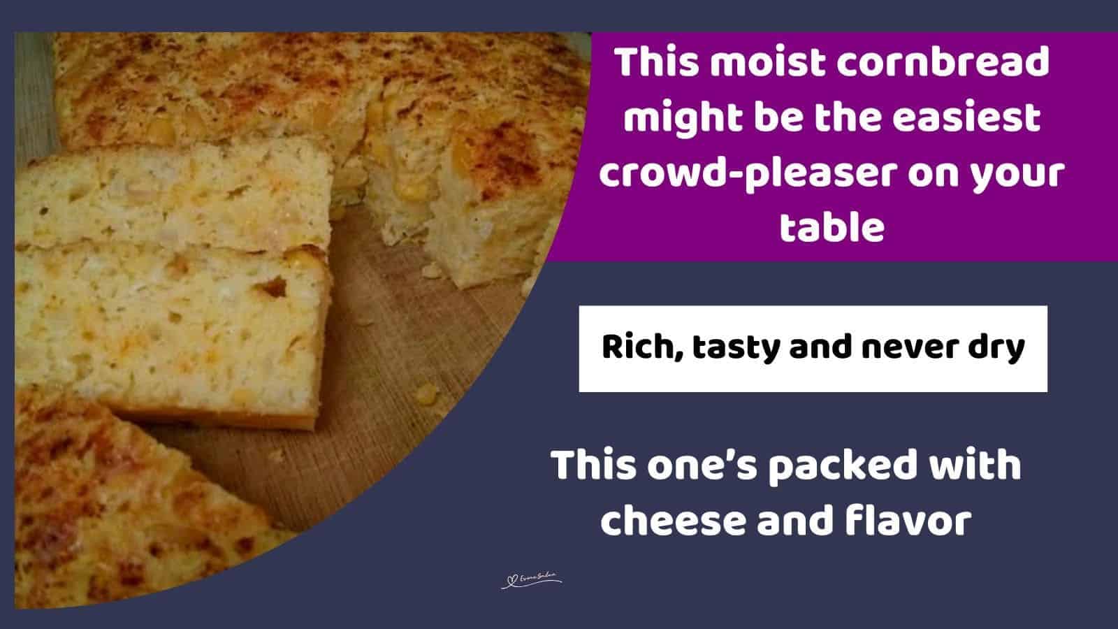 an image of a sliced Super Moist Cornbread on a wooden board