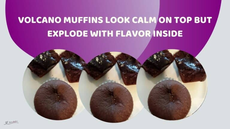 an image of 2 Volcano Muffins. One open to show to chocolate inside