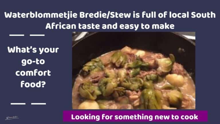 an image of a three-legged cast-iron pot filled with Waterblommetjie Bredie/Stew