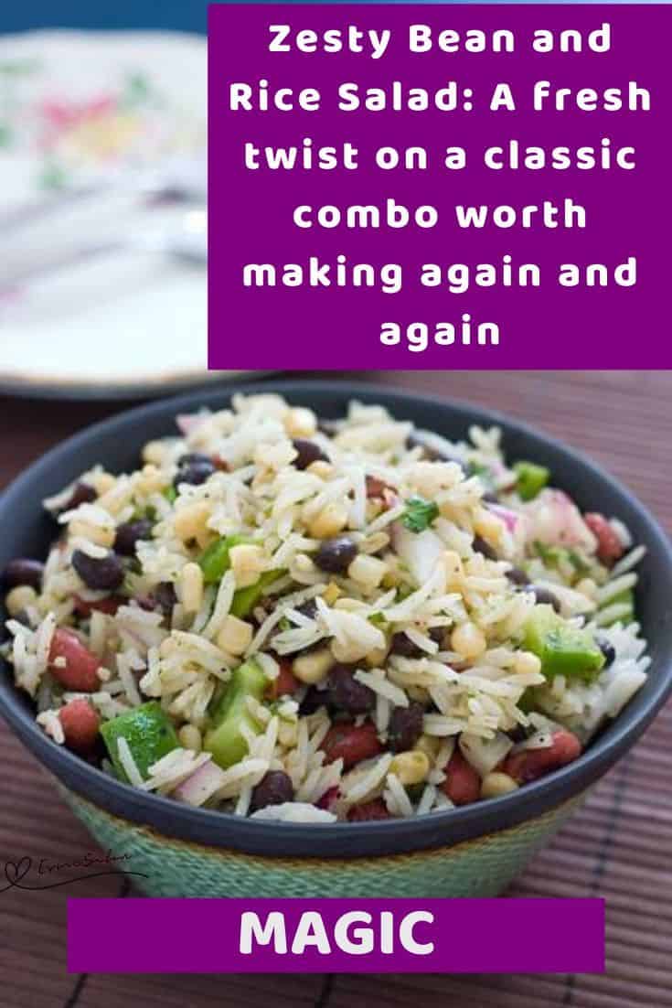 an image of a greenish ceramic bowl filled with Bean and Rice Salad