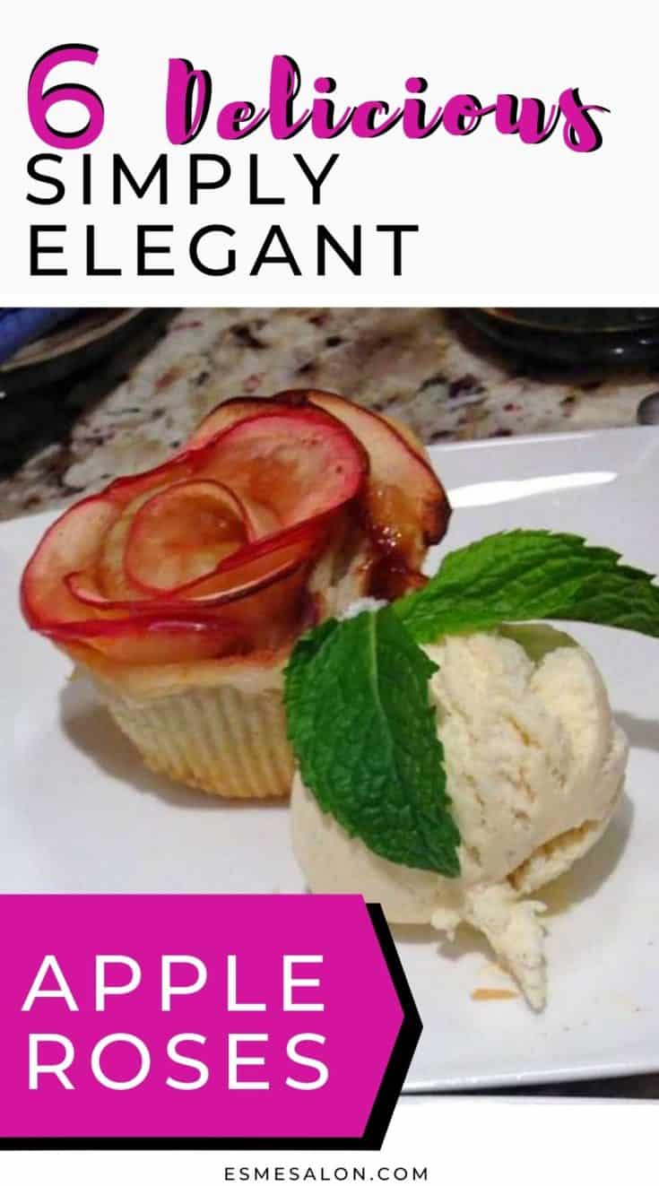 Apple roses with icecream on a white serving dish and mint leaves