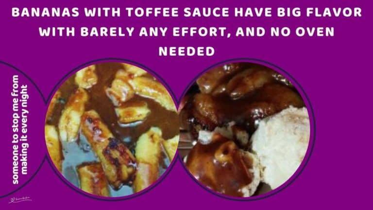 an image of Bananas with Toffee Sauce in the making and served with ice cream