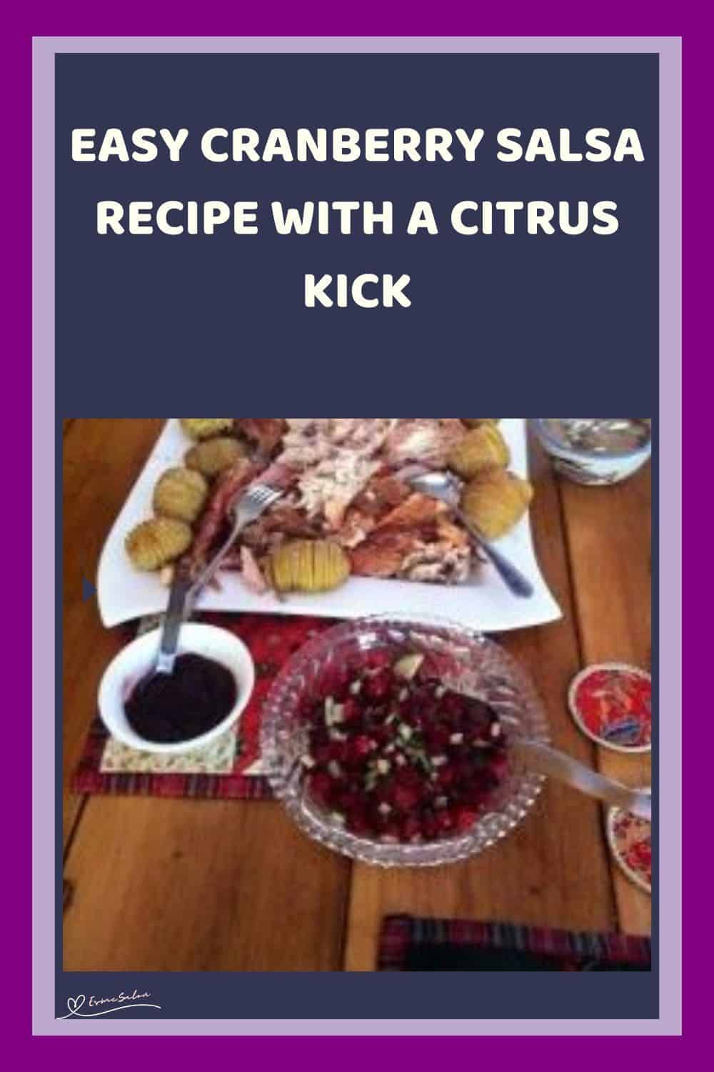 an image of a bowl with Cranberry Salsa served with meat and potato dish
