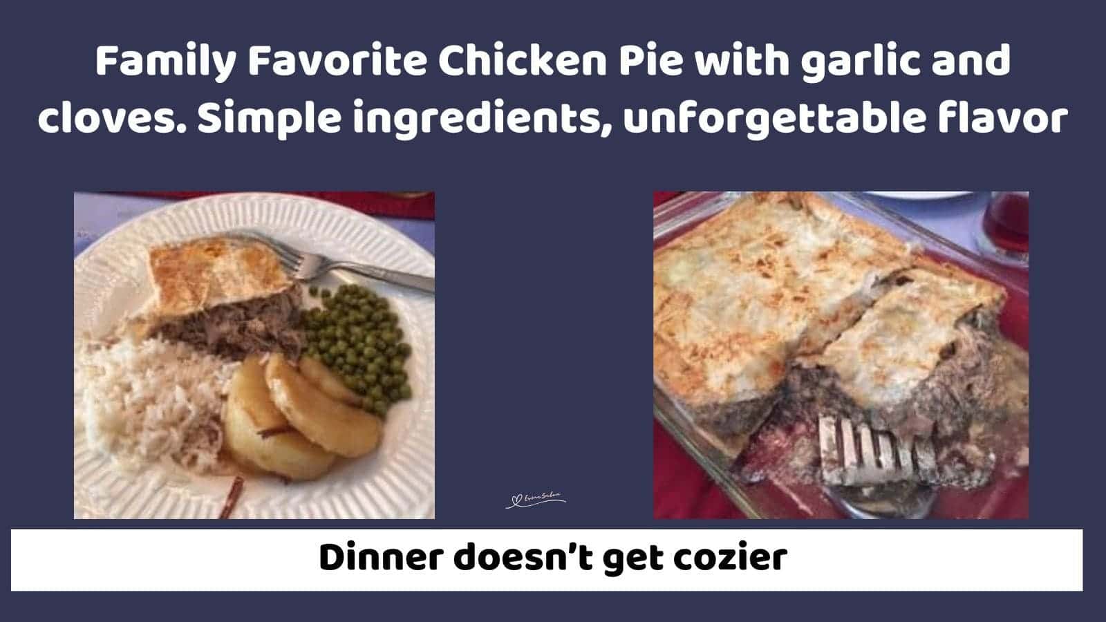 an image of a Chicken Pie with flaky crust served with rice, potatoes and green peas