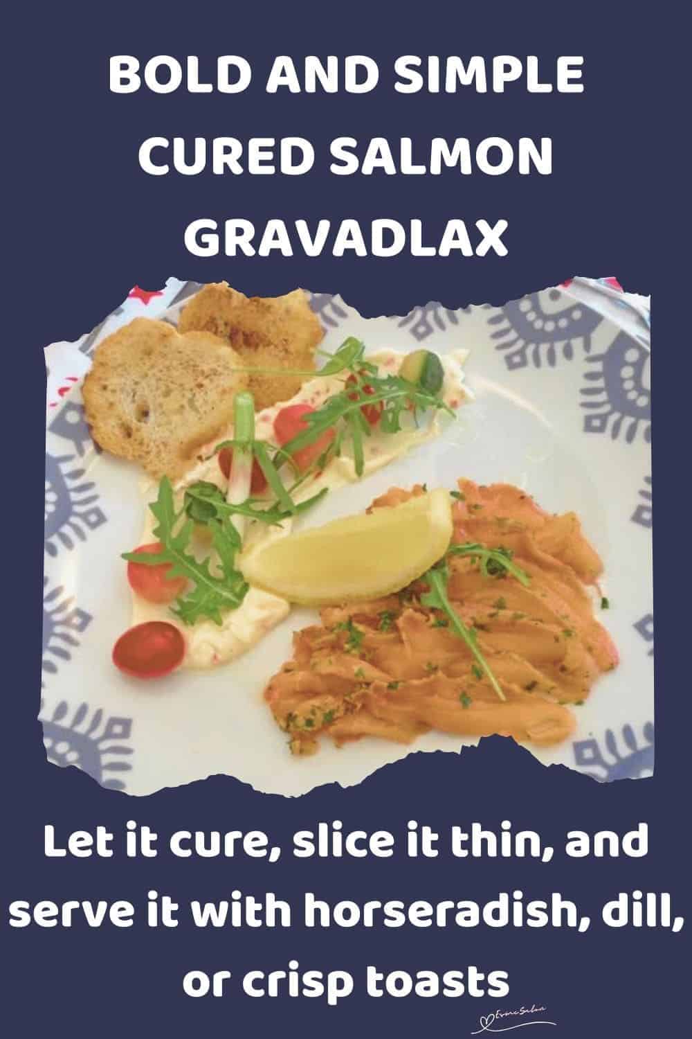 an image of Cured Salmon Gravadlax served with greens, tomato, lemon and croutons