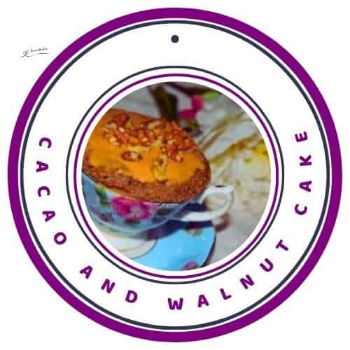 an image of a Cacao and Walnut Cake in a blue mug