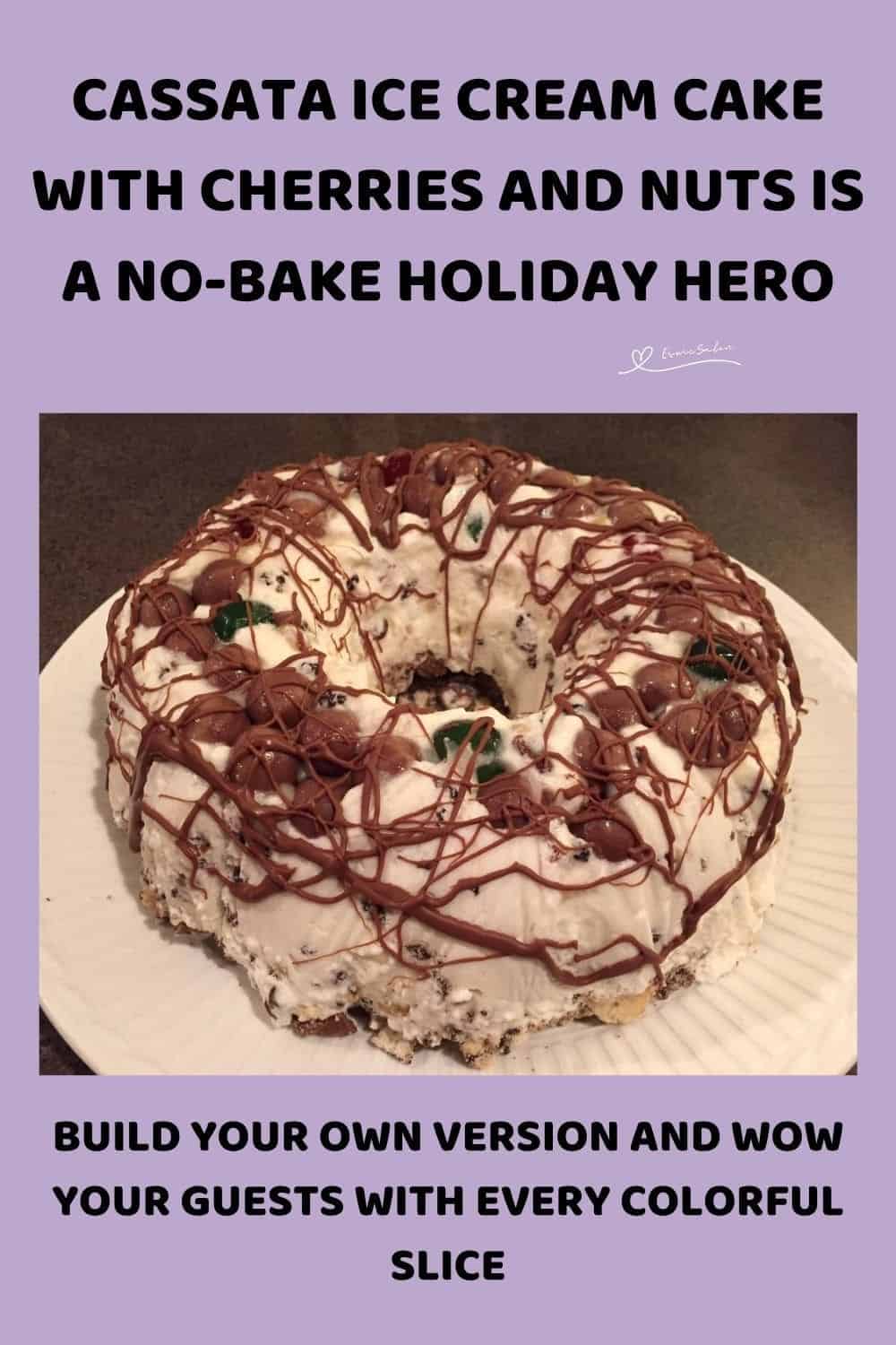 an image of a Cassata Ice Cream Cake with chocolate and more chocolate as decoration