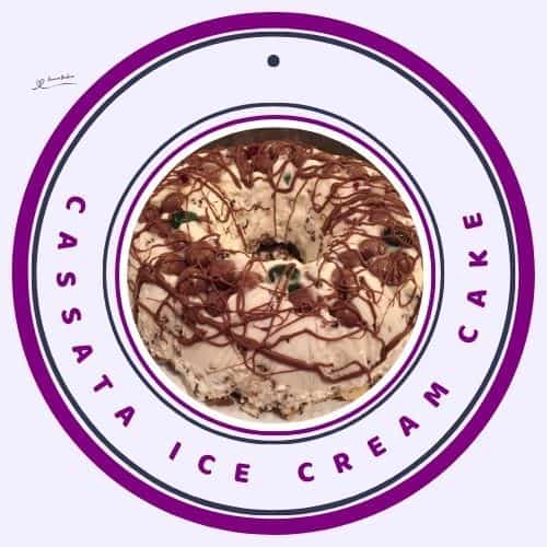 an image of a Cassata Ice Cream Cake with chocolate and more chocolate as decoration