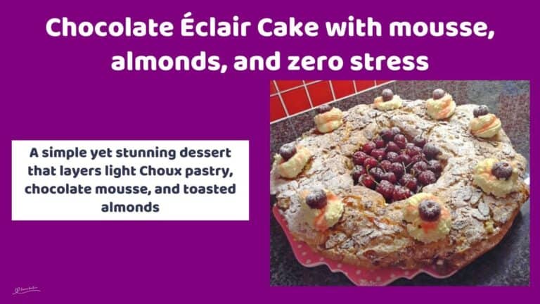 an image of a Chocolate Éclair Cake with mousse filling and topped with cherries and almonds