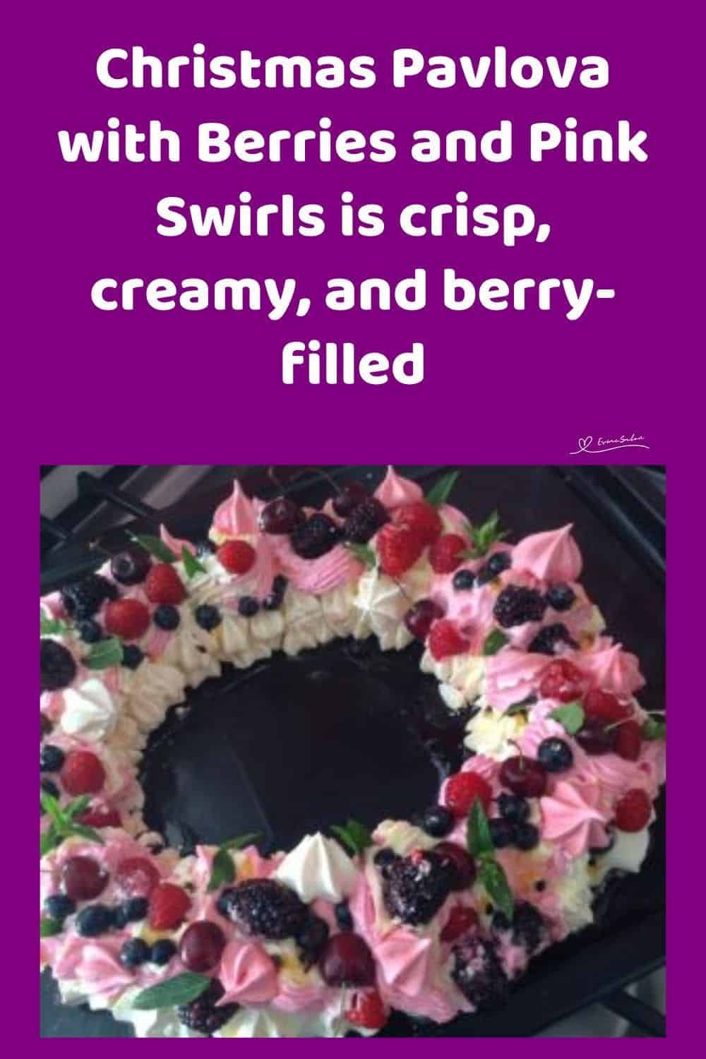 an image of a Christmas Pavlova with cream and topped with berries