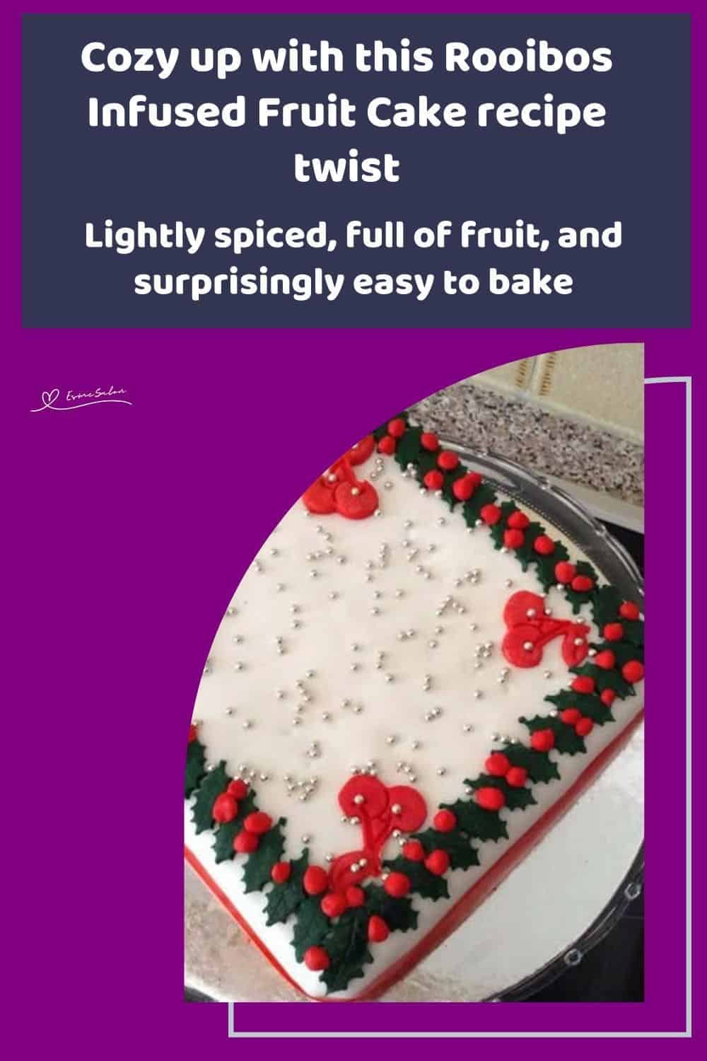 an image of a Rooibos Infused Fruit Cake covered with marzipan and marzipan decorations