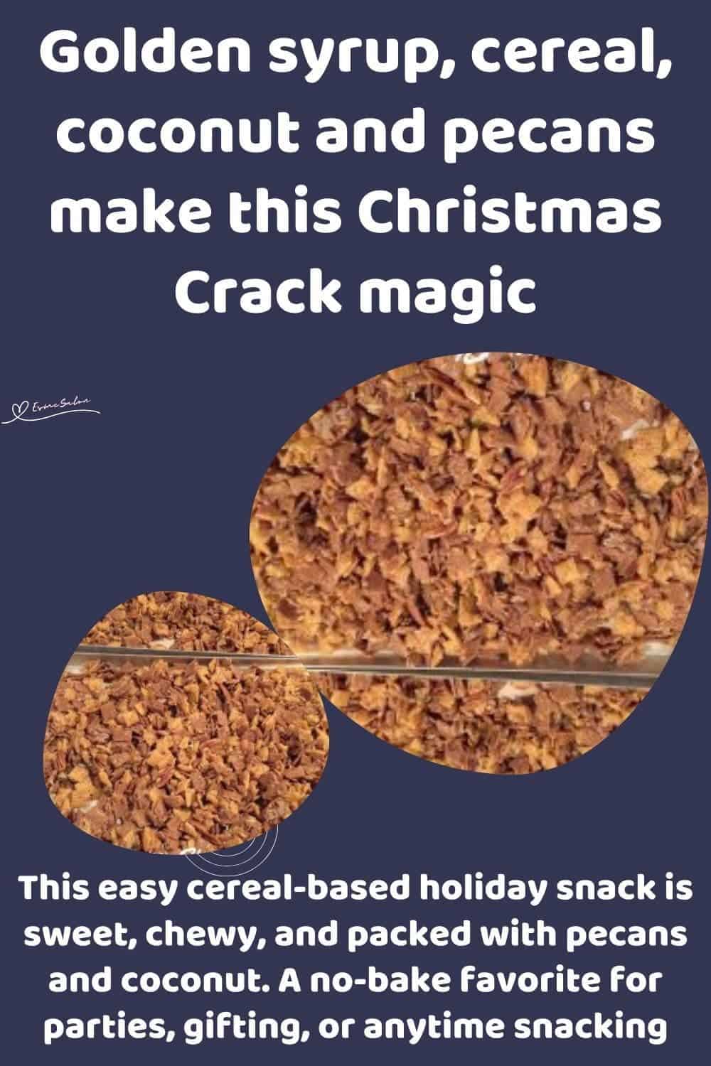 an image of a baking tray with Christmas Crack with Chex, Shreddies, golden syrup, coconut, pecans, and raisins