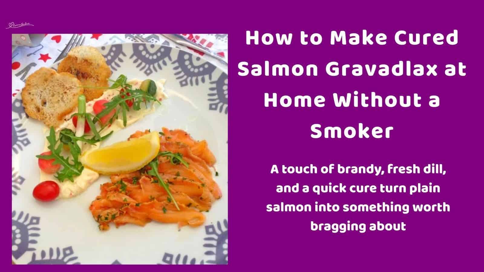 an image of Cured Salmon Gravadlax served with greens, tomato, lemon and croutons