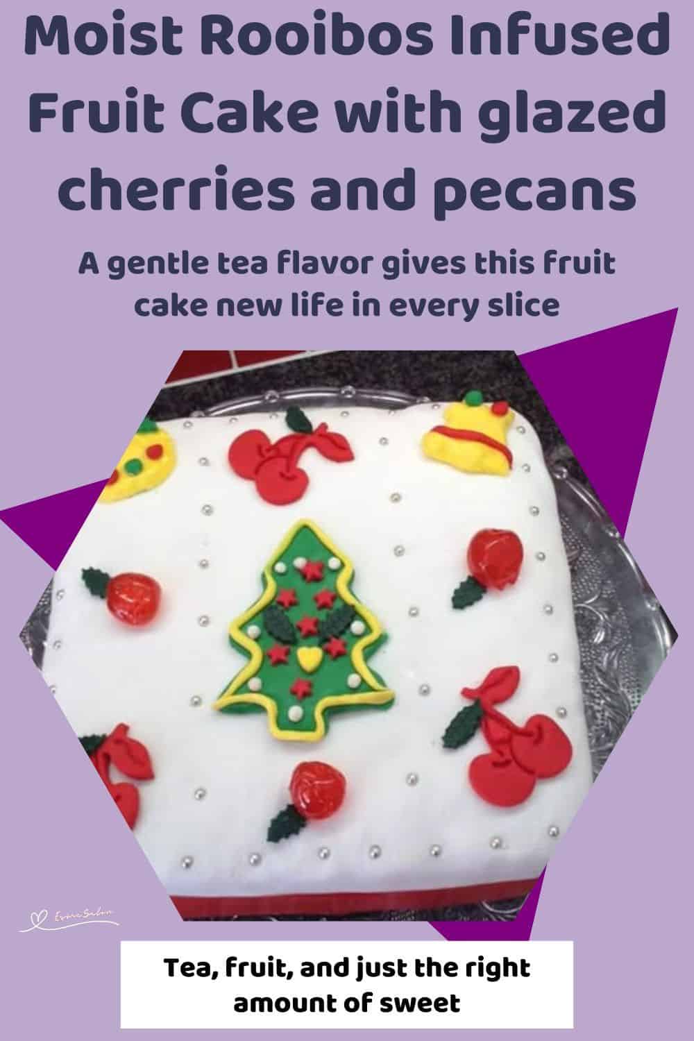 an image of a Rooibos Infused Fruit Cake covered with marzipan and marzipan decorations