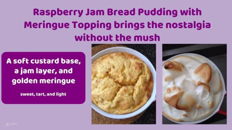 an image of Raspberry Jam Bread Pudding with Meringue Topping