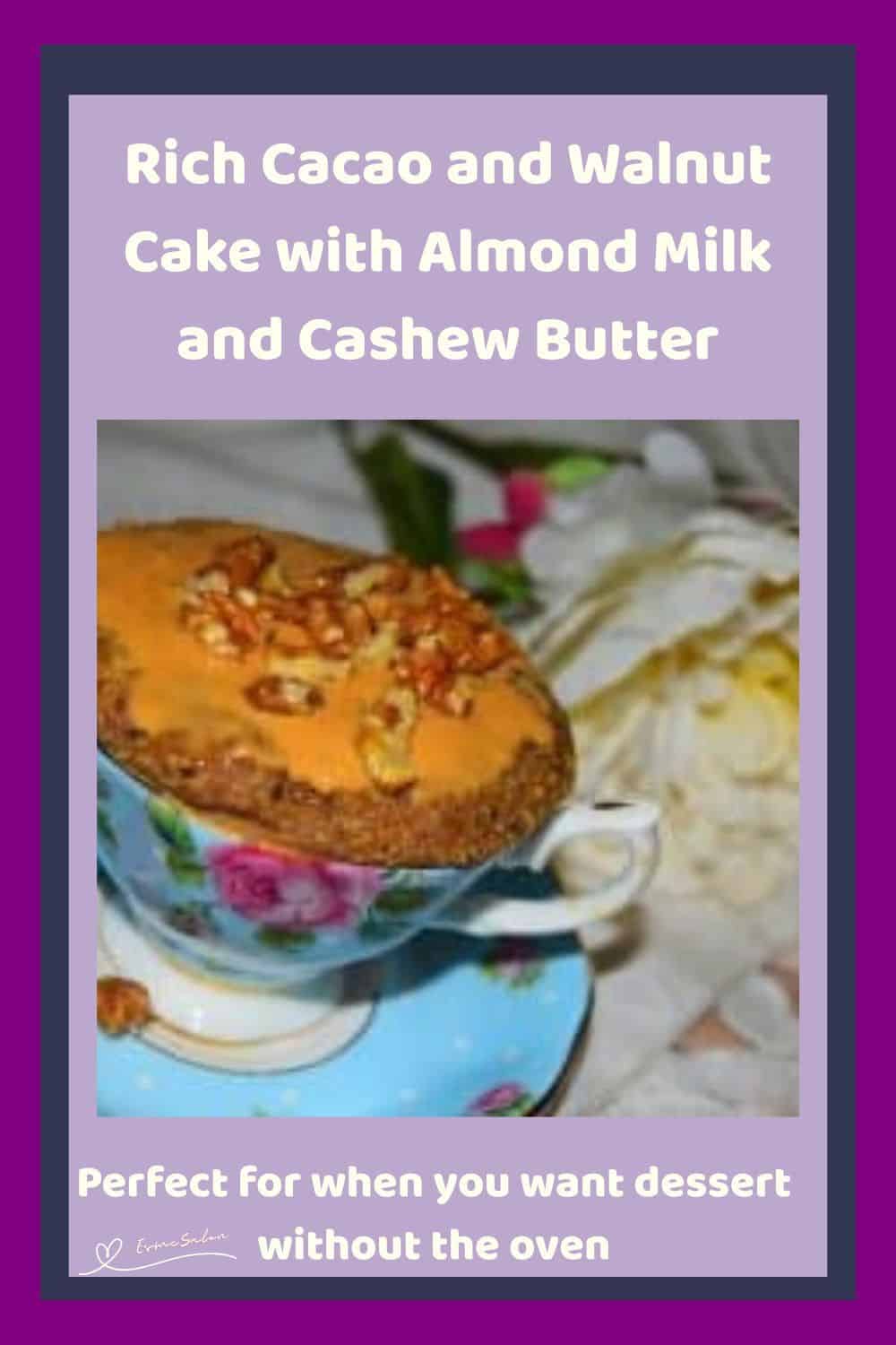 an image of a Cacao and Walnut Cake in a blue mug