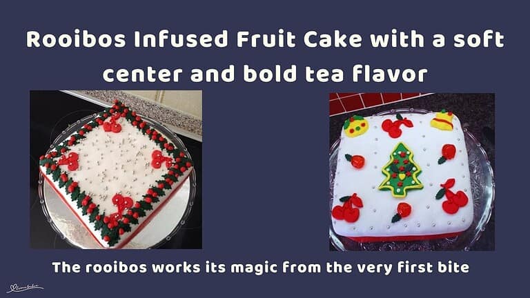 an image of a Rooibos Infused Fruit Cake covered with marzipan and marzipan decorations