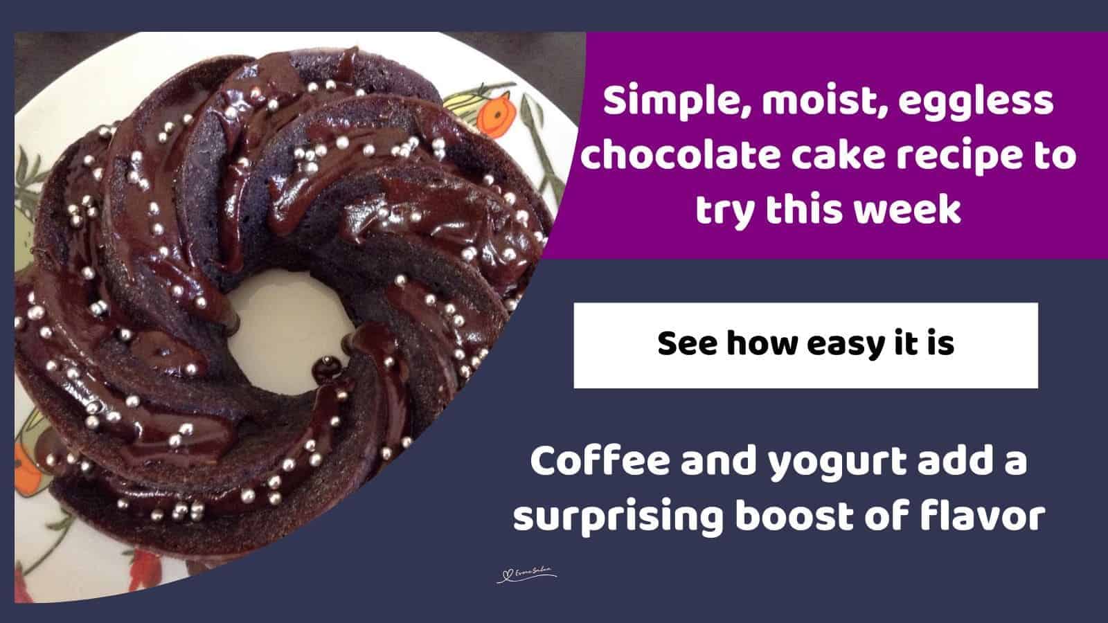 an image of an Eggless Chocolate Cake with sprinkles and baked in a Bundt Pan
