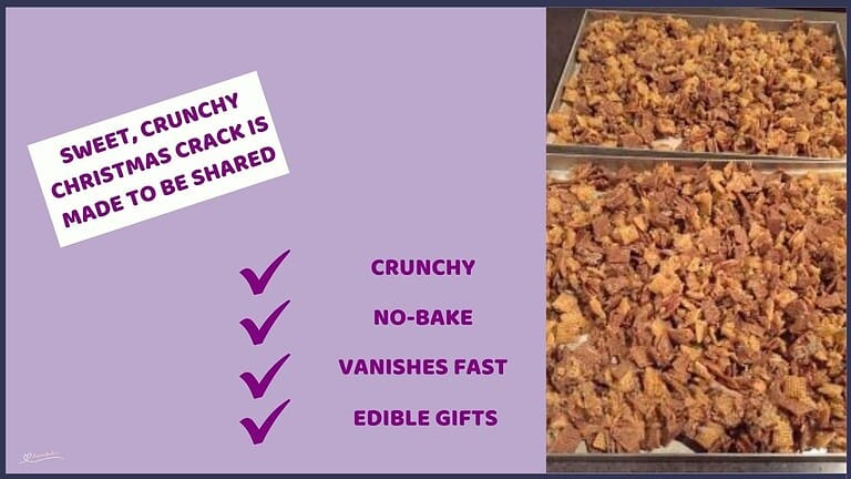 an image of a baking tray with Christmas Crack with Chex, Shreddies, golden syrup, coconut, pecans, and raisins