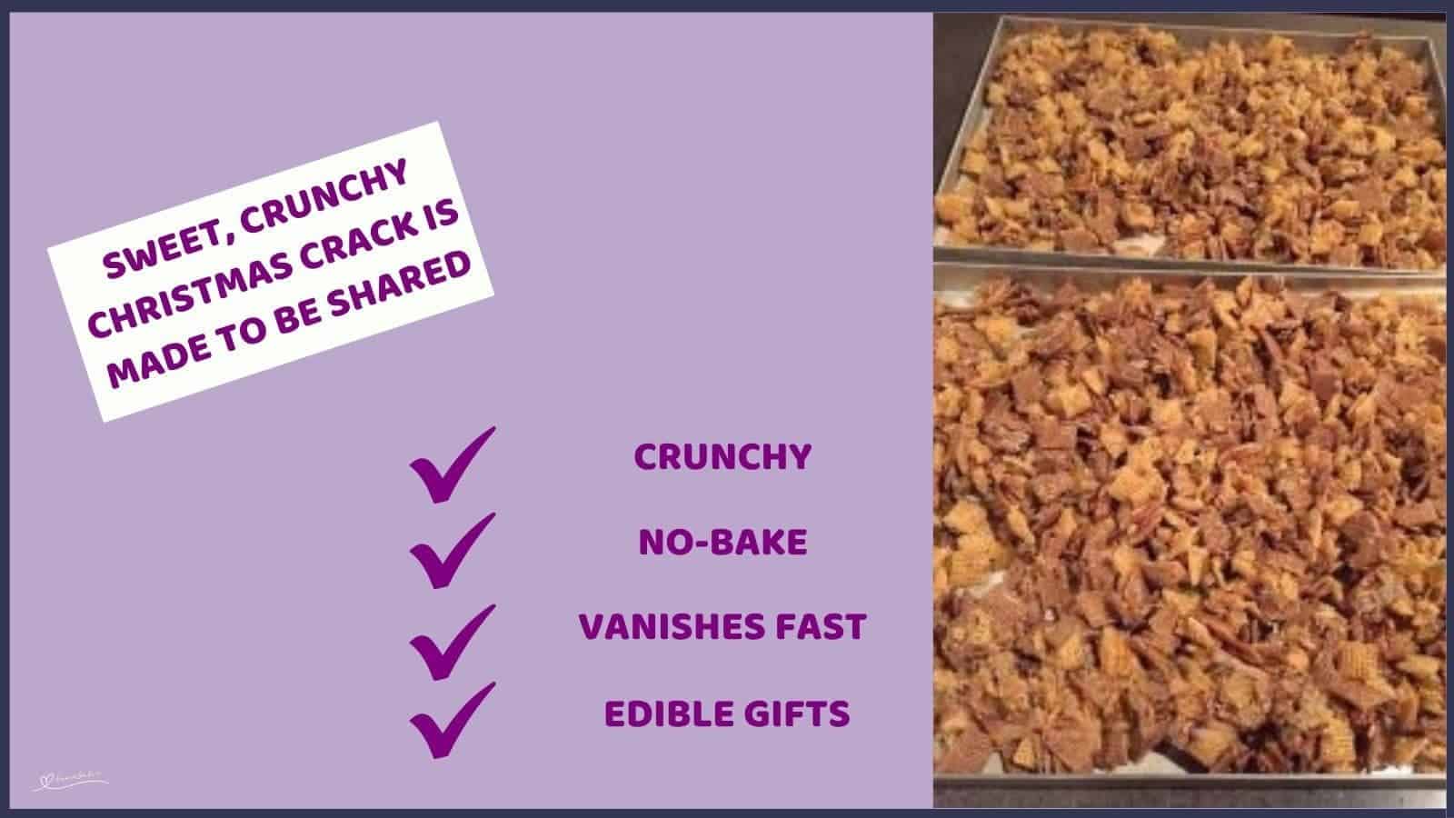 an image of a baking tray with Christmas Crack with Chex, Shreddies, golden syrup, coconut, pecans, and raisins