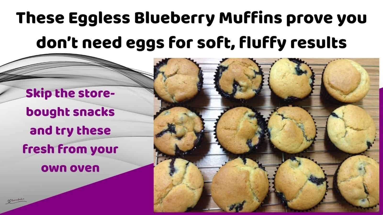 an image of Eggless Blueberry Muffins in paper cupcake holders on wire rack