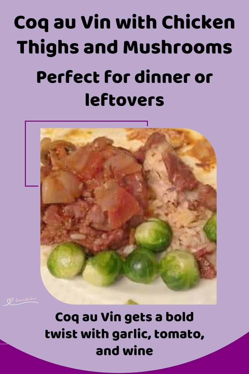 an image of a plate of Coq au Vin with brussels on the side