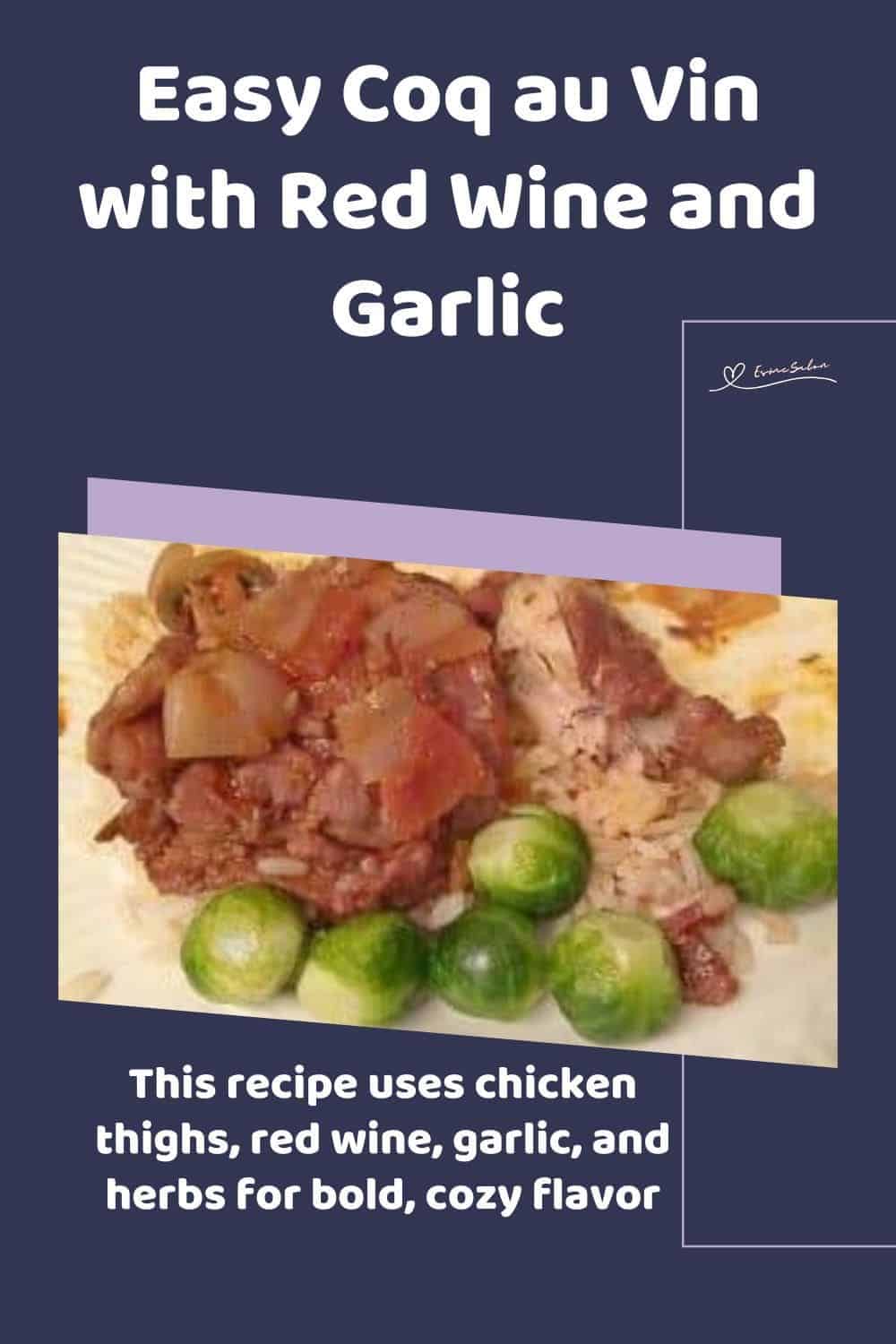 an image of a plate of Coq au Vin with brussels on the side
