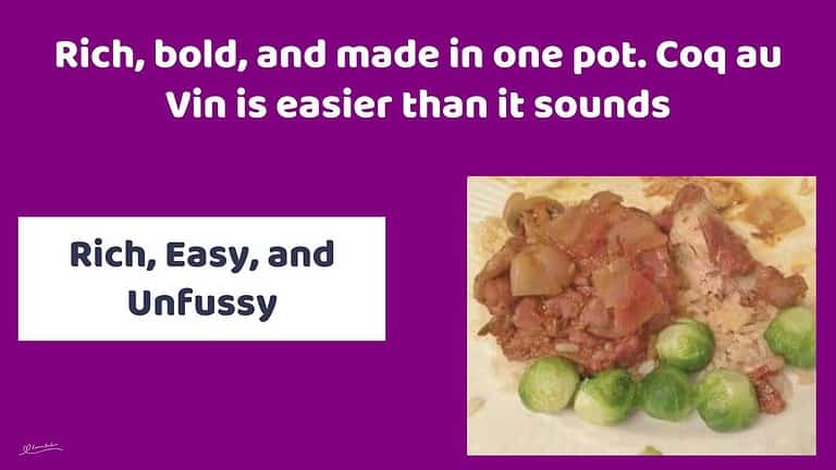 an image of a plate of Coq au Vin with brussels on the side