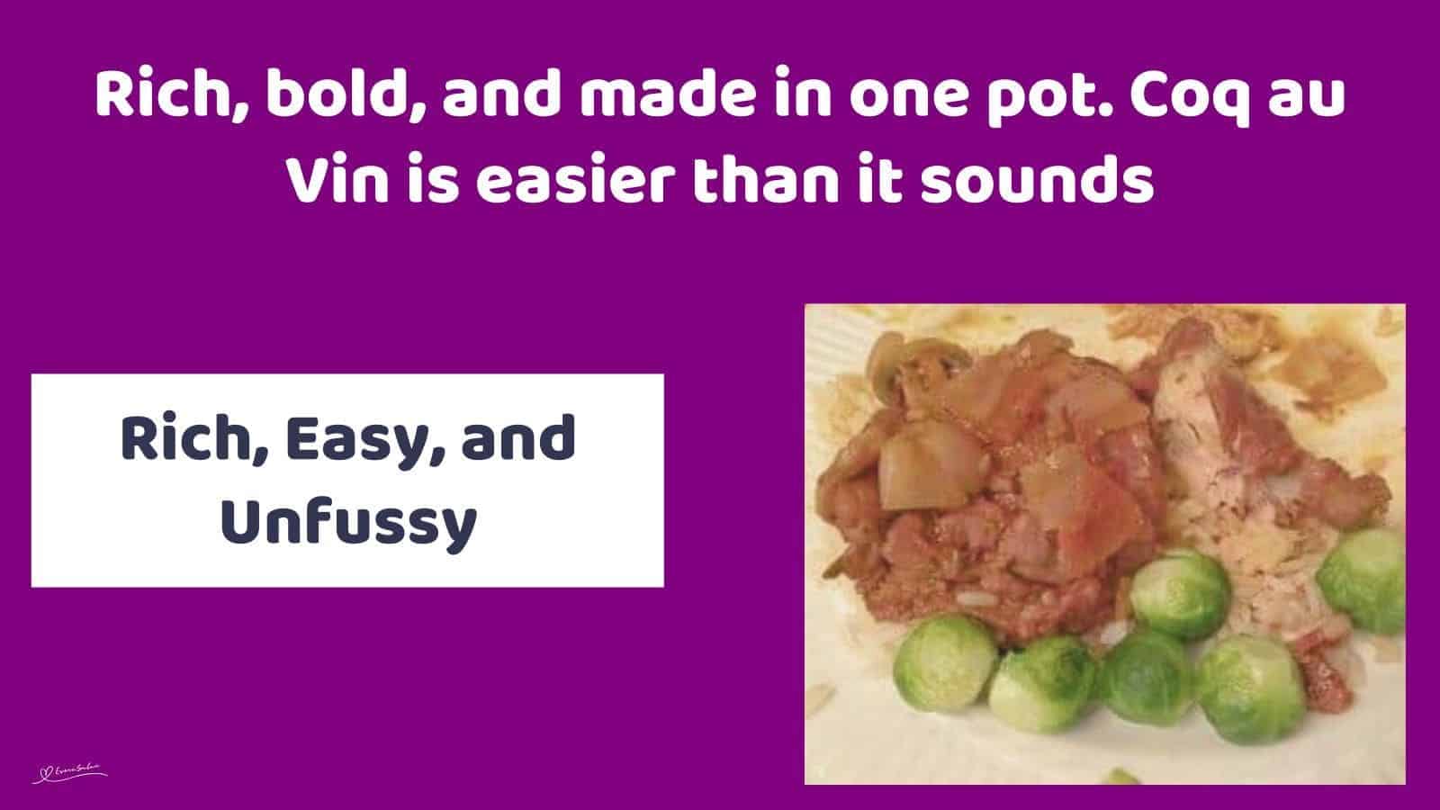 an image of a plate of Coq au Vin with brussels on the side