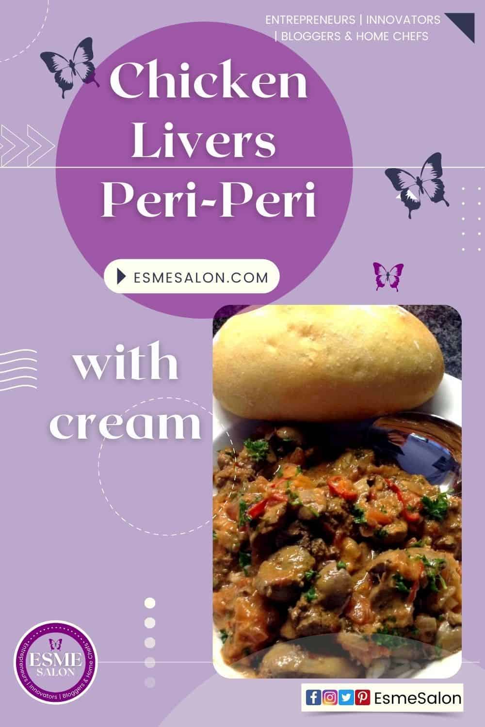 An image of chicken livers in cream with a bread roll on the side