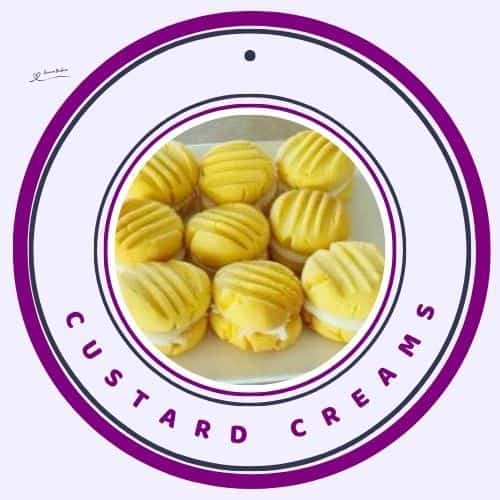 an image of 9 custard cream cookies on a white serving plate