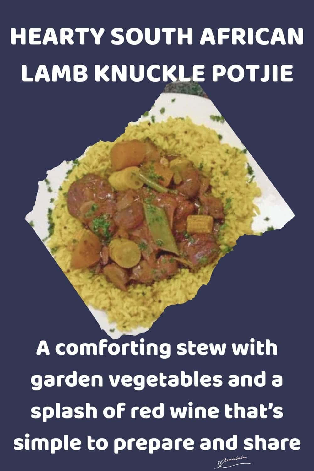 an image of a plate of Lamb Knuckle Potjie on a bed of yellow rice