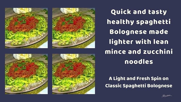 an image of Healthy Spaghetti Bolognese served on a bed of zucchini