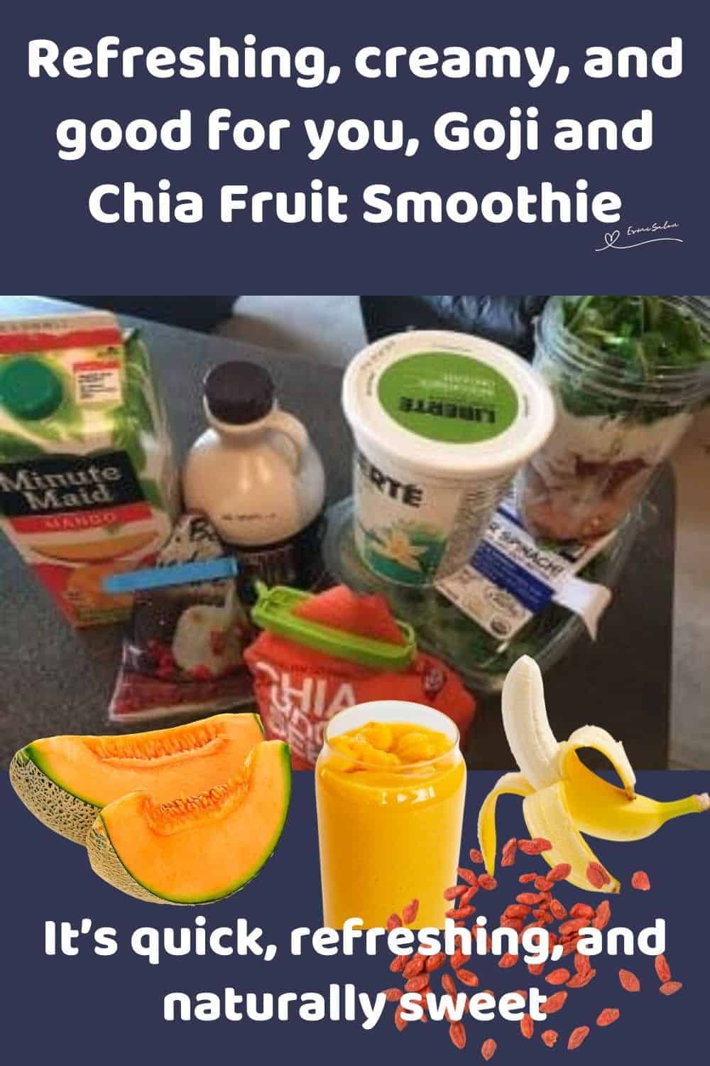 an image of ingredients and Goji and Chia Fruit Smoothie in the making in a blender