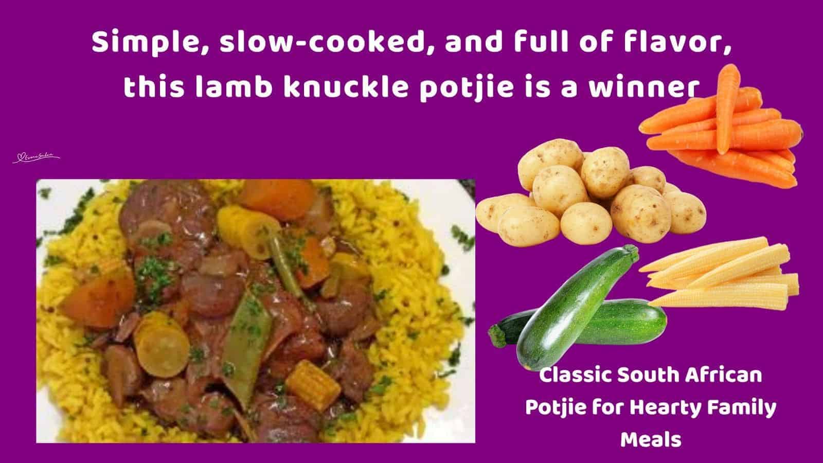 an image of a plate of Lamb Knuckle Potjie on a bed of yellow rice
