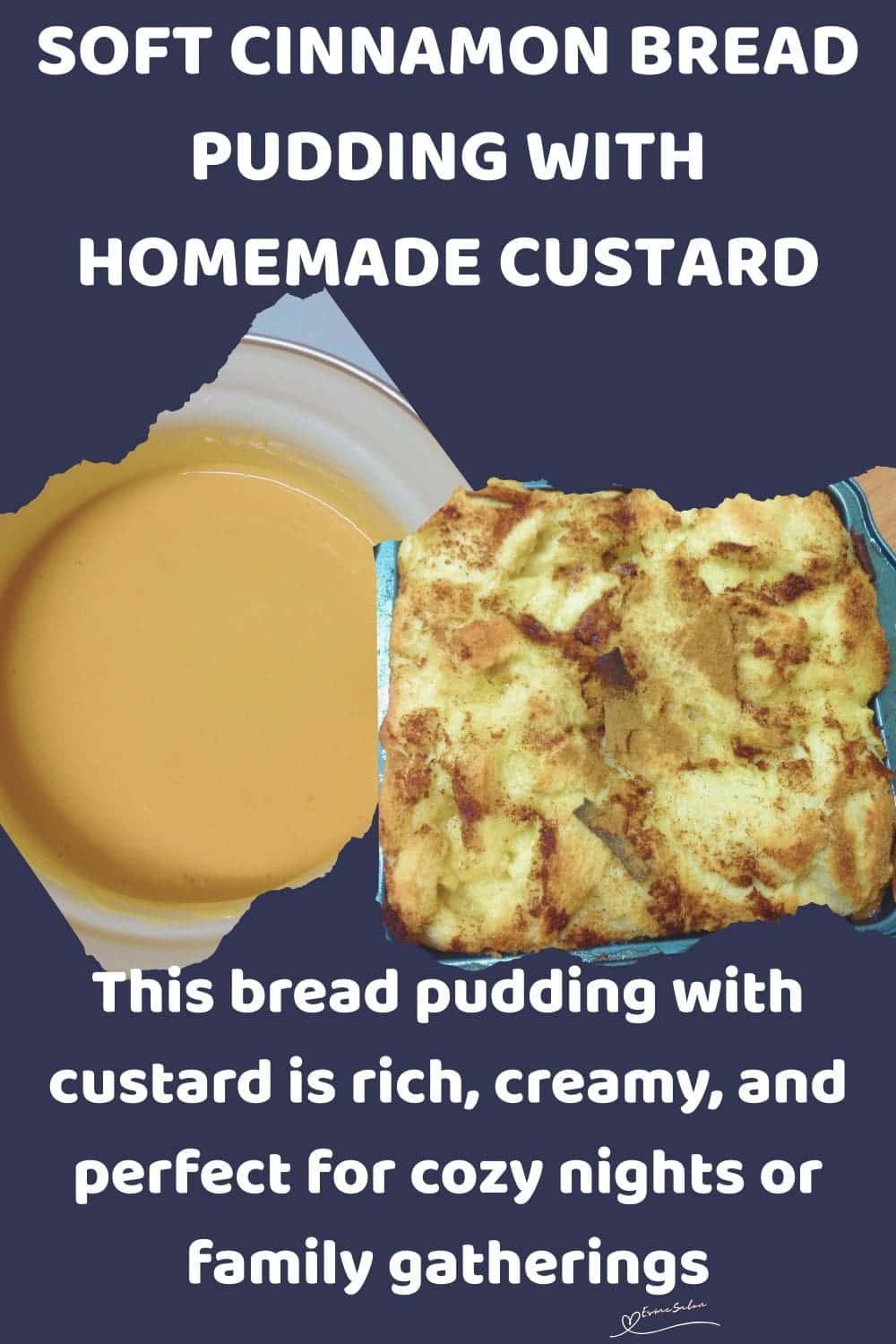 an image of a baking tray with Bread Pudding and a bowl of Homemade Custard