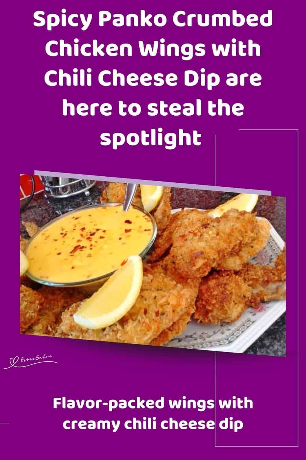 an image of Spicy Panko Crumbed Chicken Wings with cheese dip and lemon slices